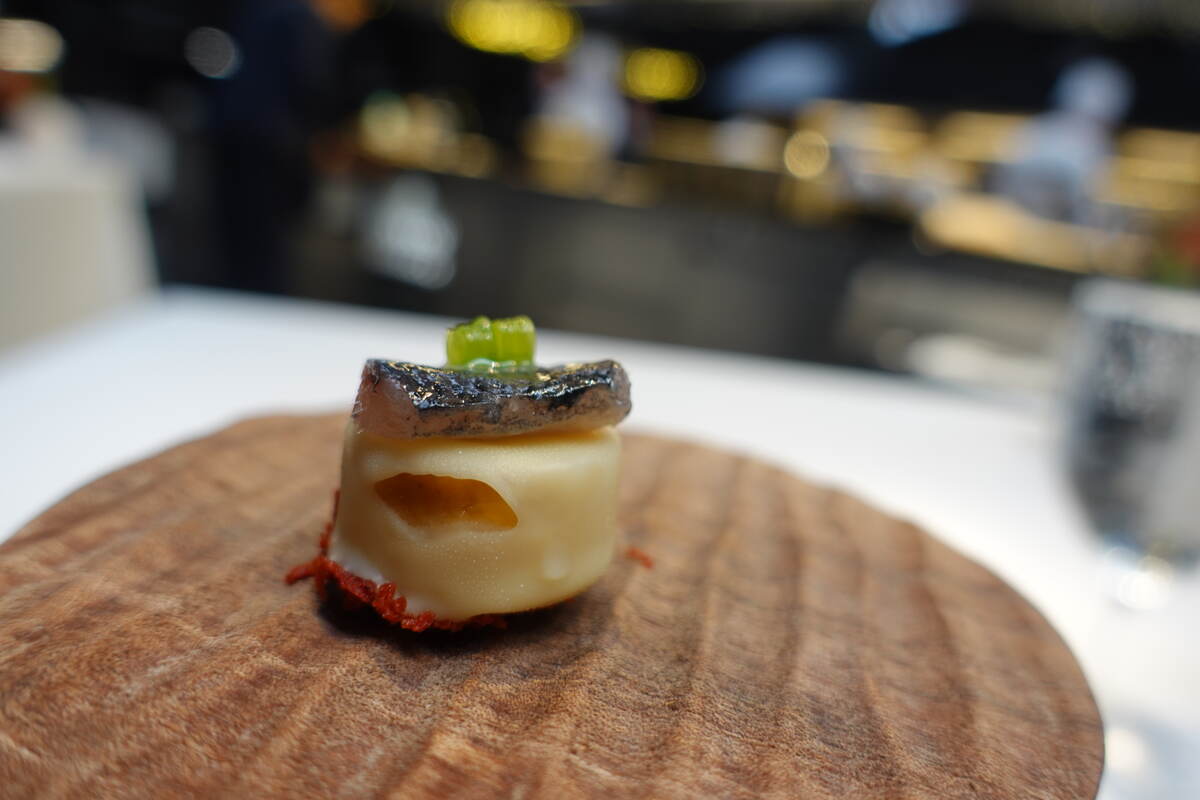 'Piparras' and smoked anchovy bonbon