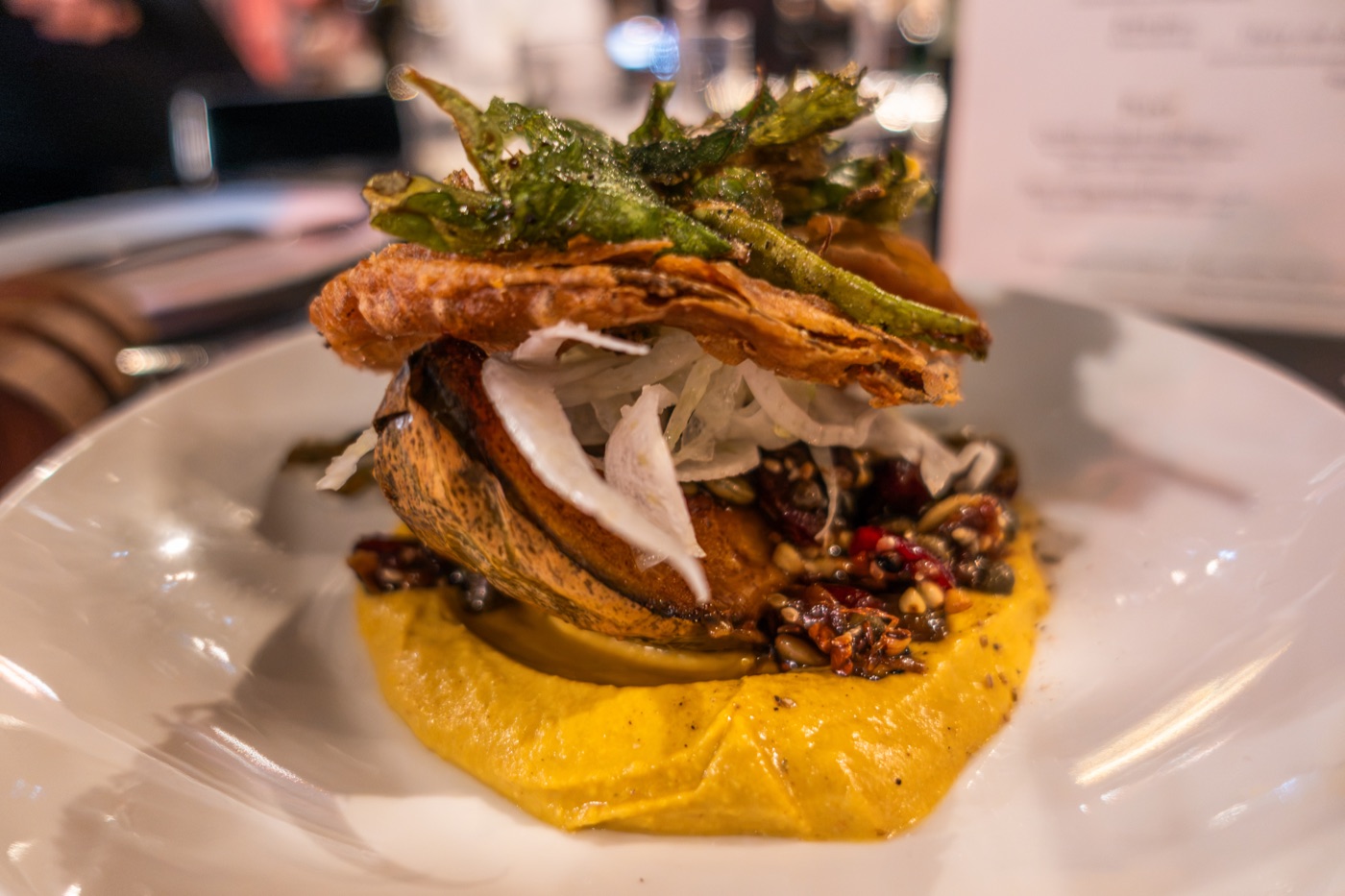 Crown prince pumpkin. Pumpkin hummus, cranberries, fennel, sesame.